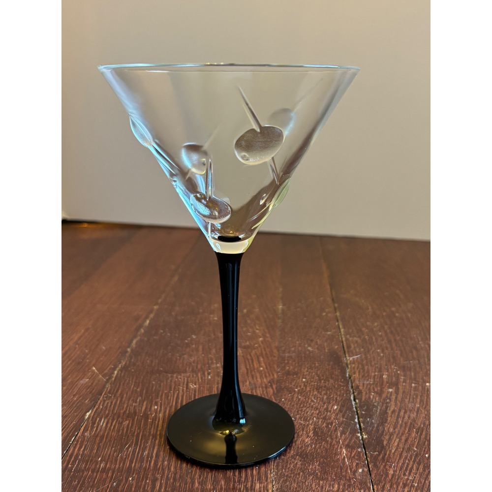 Vintage Etched Frosted Olive Martini Glass Black Stem Barware Cocktail Glass